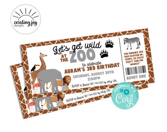 Editable Zoo Birthday Ticket Invitation Invite Digital 7x3 Template Kids Party Instant Download Printable