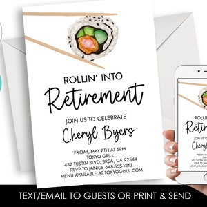 Editable Retirement Invitation Sushi Invite Digital 5x7 Watercolor Rollin into Retirement Dinner Lunch