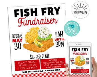 Könnte beinhalten: Ein druckbarer Flyer für eine Fischbrathilfe in der St. Luke's Church am Samstag, den 30. Mai von 11:00 bis 15:00 Uhr. Der Flyer zeigt eine Cartoon-Illustration von gebratenem Fisch, Pommes Frites, Tartarensauce und einer Zitronenscheibe. Der Flyer enthält die Adresse und Telefonnummer der Kirche sowie den Preis von 15 € pro Teller. Der Flyer gibt auch an, dass Essen zum Mitnehmen verfügbar ist.