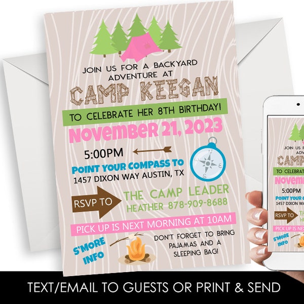 Editable Campout Camping Invite Invitation Birthday Girl Digital File 5x7 Sleepover Camp Invitation Pink Backyard Slumber Party