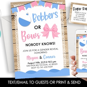 Editable Bobbers or Bows Gender Reveal Invitation Invite Digital 5x7 Pink Blue Fishing She He
