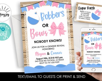 Editable Bobbers or Bows Gender Reveal Invitation Invite Digital 5x7 Pink Blue Fishing She He