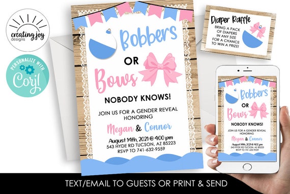 Editable Bobbers or Bows Gender Reveal Invitation Invite Digital 5x7 Pink Blue  Fishing She He 