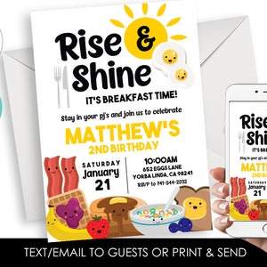 Editable Breakfast Birthday Invitation Eggs and Bacon Pajamas Invite Kids 5x7 Digital Personalized ANY AGE Text or Print