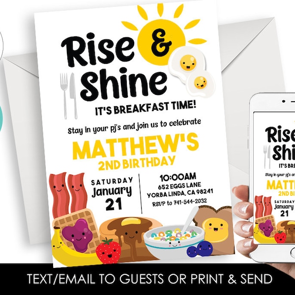 Editable Breakfast Birthday Invitation Eggs and Bacon Pajamas Invite Kids 5x7 Digital Personalized ANY AGE Text or Print
