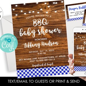 Editable BBQ Baby Shower Invitation Invite Boy Picnic Sprinkle Co-ed Blue Digital Personalized 5x7 Bundle Set Instant Download