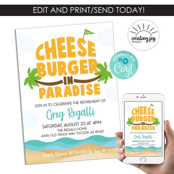 Editable Cheeseburger in Paradise Retirement Invitation Invite Digital 5x7 Template Party Instant Download Hawaii Beach Burgers