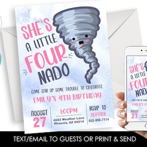 Editable Fournado Birthday Invitation Invite Digital 5x7 Pink Watercolor Kids Girls Party 4th Fourth Four 4 Nado