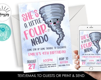 Editable Fournado Birthday Invitation Invite Digital 5x7 Pink Watercolor Kids Girls Party 4th Fourth Four 4 Nado