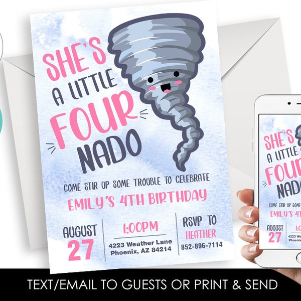 Editable Fournado Birthday Invitation Invite Digital 5x7 Pink Watercolor Kids Girls Party 4th Fourth Four 4 Nado