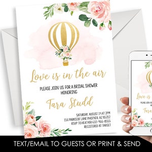Editable Hot Air Balloon Bridal Shower Invitation Invite Digital Watercolor 5x7 Gold Blush Love is in the Air