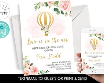 Editable Hot Air Balloon Bridal Shower Invitation Invite Digital Watercolor 5x7 Gold Blush Love is in the Air