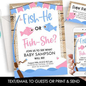 Editable Fish Gender Reveal Invitation Invite Digital 5x7 Pink Blue Fish-She Fish-He Baby Fishing