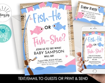 Editable Fish Gender Reveal Invitation Invite Digital 5x7 Pink Blue Fish-She Fish-He Baby Fishing