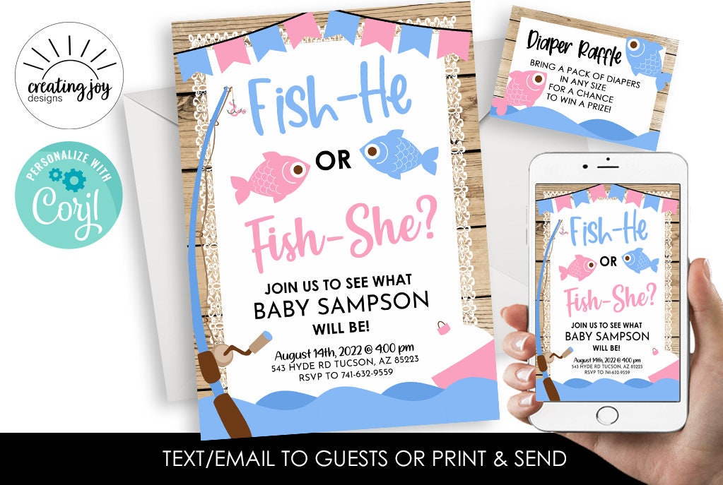 Editable Fish Gender Reveal Invitation Invite Digital 5x7 Pink Blue  Fish-She Fish-He Baby Fishing