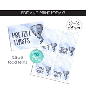 Op de afbeelding: Een set van 3,5 x 5 inch printbare voedseltentkaarten met een lichtblauwe aquarelachtergrond en een cartoon-tornadofiguur. De tekst bevat "PRETZEL TWISTS," "CYCLONE SLIDERS," "STORM CLOUDS," en "TORNADO TWISTS." Inclusief een "creating joy designs" logo.