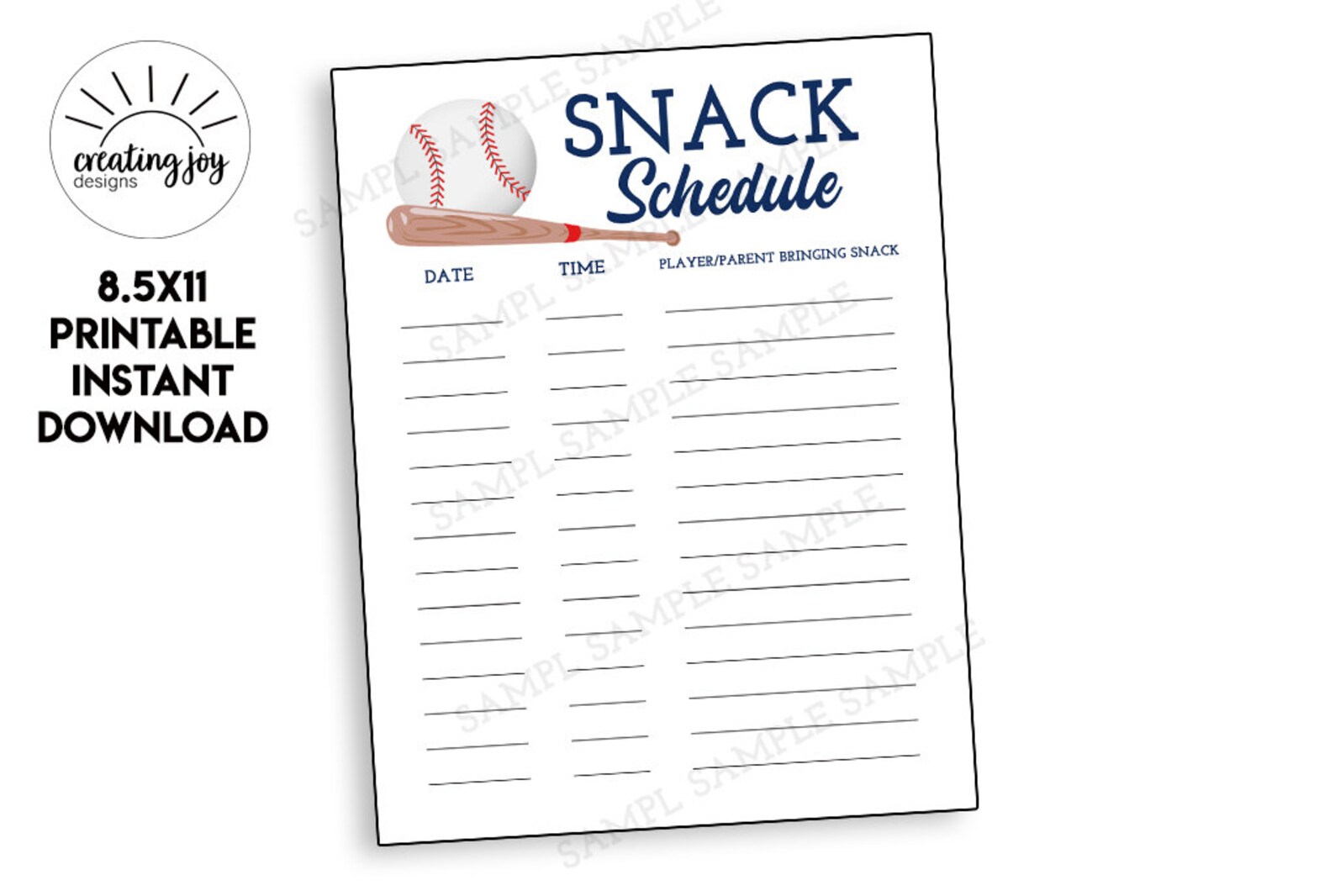 Printable Baseball Snack Schedule Sign up Sheet Digital 8.5x11 Tball ...