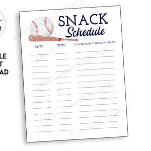 Printable Baseball Snack Schedule Sign Up Sheet Digital 8.5x11 Tball Teeball Team Signs