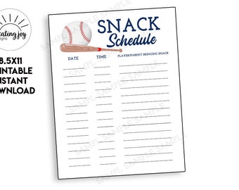 Printable Baseball Snack Schedule Sign Up Sheet Digital 8.5x11 Tball Teeball Team Signs