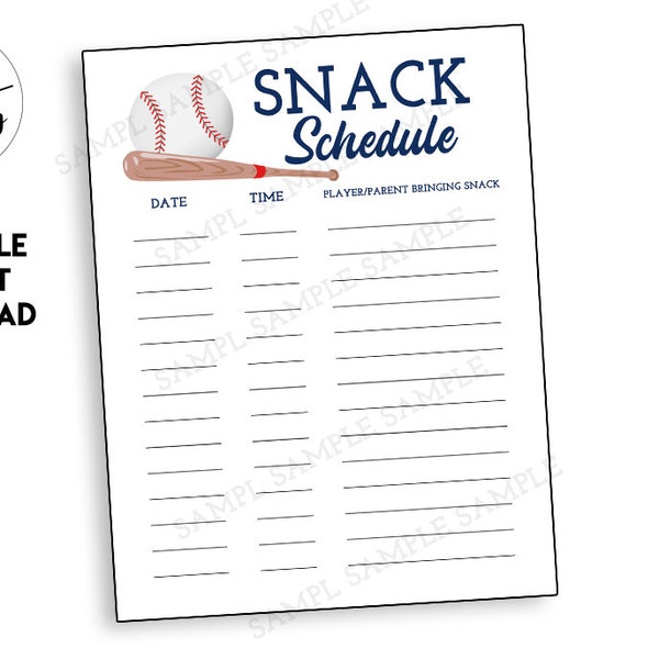 Printable Baseball Snack Schedule Sign Up Sheet Digital 8.5x11 Tball Teeball Team Signs