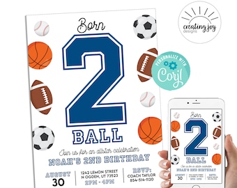 Editable Born 2 Ball Invitation, Allstar 2nd Birthday Invite, Sports Digital Template 5x7 Kids Party Instant Download