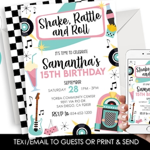 Editable 50&#39;s Birthday Invitation Invite Digital 5x7 Template Instant Download Sock Hop Retro Diner Fifties ANY AGE