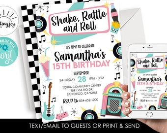 Editable 50's Birthday Invitation Invite Digital 5x7 Template Instant Download Sock Hop Retro Diner Fifties ANY AGE