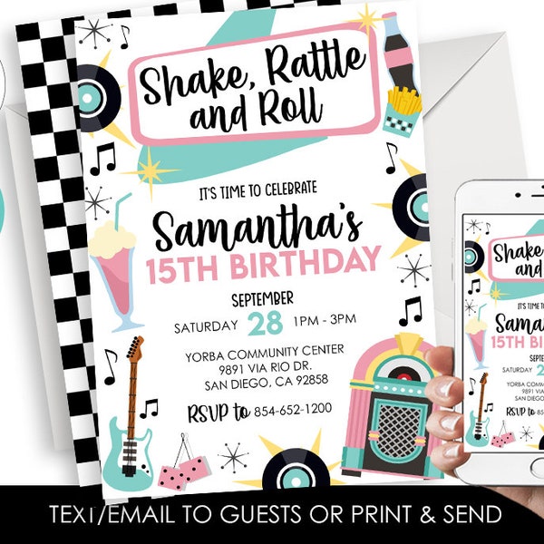 Editable 50's Birthday Invitation Invite Digital 5x7 Template Instant Download Sock Hop Retro Diner Fifties ANY AGE