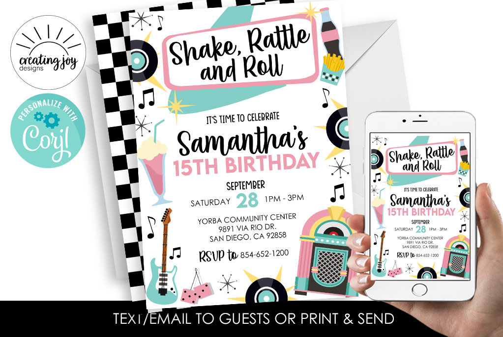Editable 50's Birthday Invitation Invite Digital 5x7 Template Instant Download Sock Hop Retro Diner Fifties ANY AGE