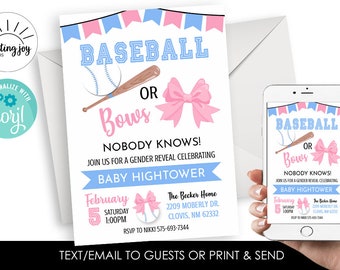 Editable Baseball or Bows Gender Reveal Invitation Invite Digital 5x7 He She Girl Boy Pink Blue Party