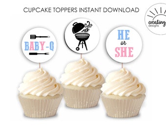 Baby Q Gender Reveal Cupcake Toppers Digital Instant Download Printable BBQ Pink Blue He She Food Picks