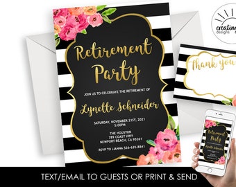 Retirement Party Invitation Invite Women's Watercolor Stripes Floral Gold Flowers Digital Personalized 5x7