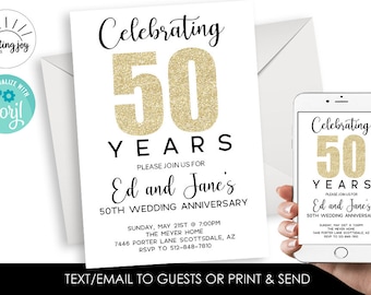 Editable Anniversary 50th Invitation Invite Wedding Marriage Gold Party Digital Personalized 5x7 Corjl
