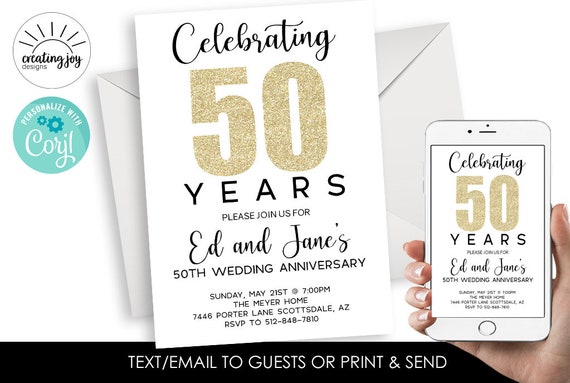 Editable Anniversary 50th Invitation Invite Wedding Marriage Gold Party Digital Personalized 5x7 Corjl