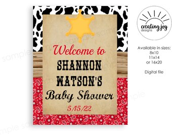 Cowboy Baby Shower Welcome Sign Digital Red Cow Print Paisley Poster Country Sprinkle Bienvenido a