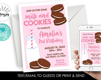 Editable Milk and Cookies Invite Invitation Girls Pink Digital Birthday 5x7 Cookie ANY AGE