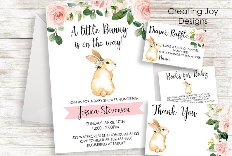 Bunny Baby Shower Invitation Invite Easter Set Bundle Digital Watercolor 5x7 Floral Sprinkle Diaper Raffle Books for Baby