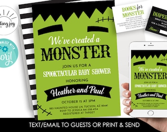 Editable Halloween Baby Shower Invite Invitation Monster Digital Party 5x7 Frankenstein Green Black We've Created a Monster Bundle