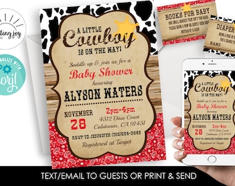 Editable Cowboy Baby Shower Invitation Invite 5x7 Sprinkle Bundle Digital Set Cow Print Bandana Red Boy