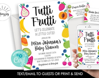 Editable Tutti Frutti Baby Shower Invitation Invite Digital 5x7 Template Instant Download Fruit Sprinkle Diaper Raffle Books for Baby