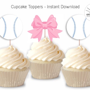 Balle de baseball ou noeuds pour cupcakes Noeud numérique rose bleu Téléchargement instantané Choix de plats imprimables Sexe révèlent