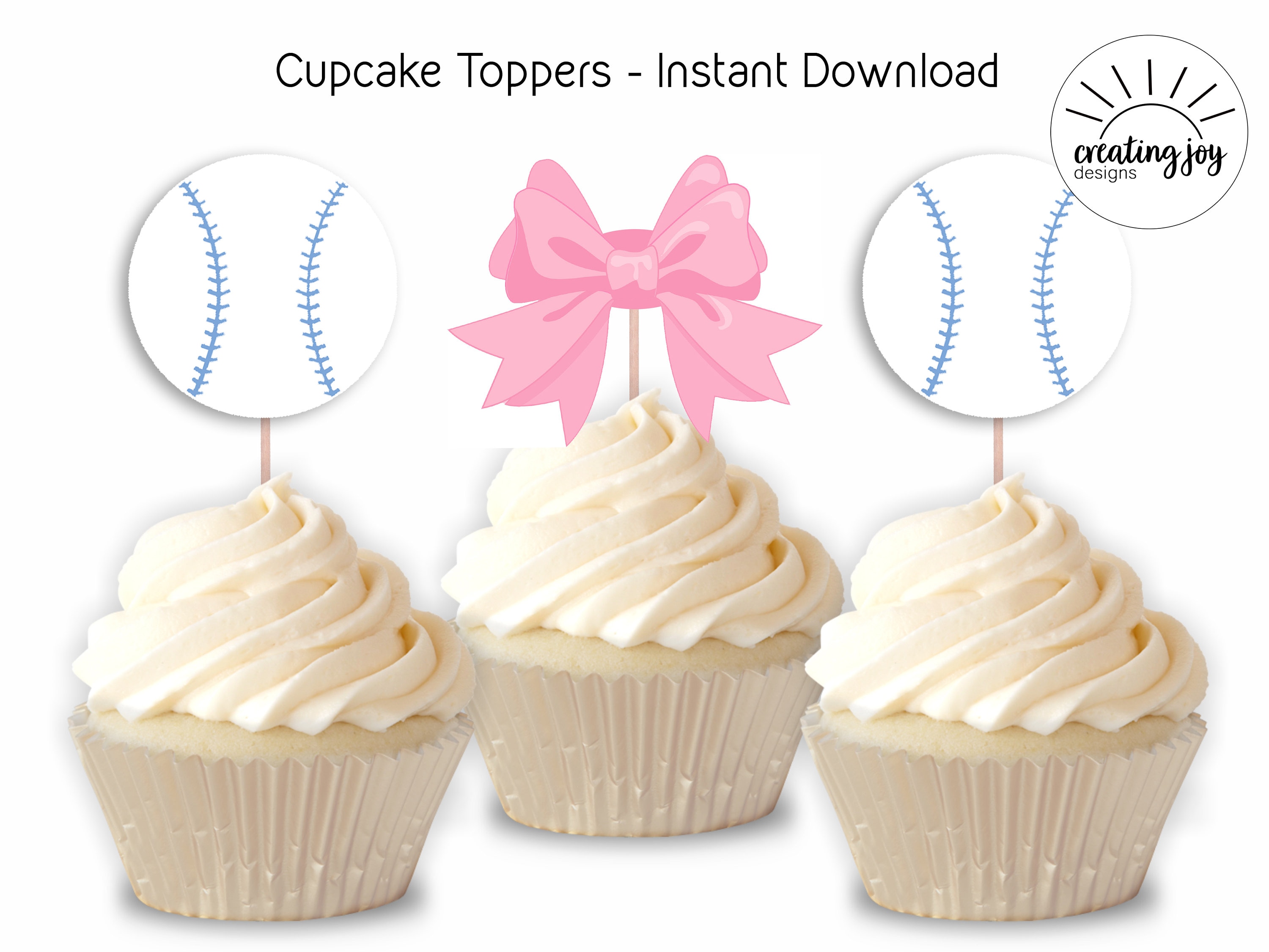 Baseball or Bows Cupcake Toppers Digital Bow Pink Blue Instant Etsy