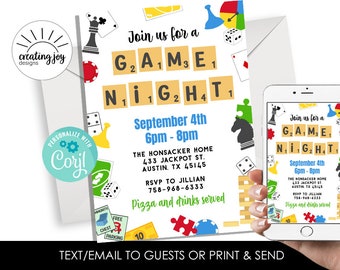 May include: A colourful invitation for a games night party. The invitation features a variety of board games, including chess, dominoes, Jenga, and Scrabble. The text on the invitation reads "Join us for a Games Night" and includes the date, time, and location of the party. RSVP information is also included.