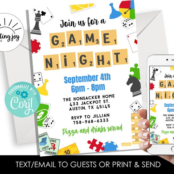 Editable Game Night Invite 5x7 Invitations Party Template Instant Download Board Game Digital Family Friends