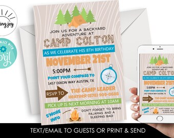 Editable Backyard Campout Invitation Invite Birthday Party Camp Out Camping 5x7 Digital File Kids Sleepover Slumber