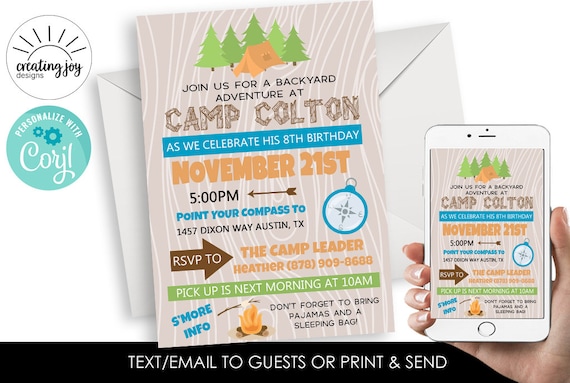 Editable Backyard Campout Invitation Invite Birthday Party Camp Out Camping 5x7 Digital File Kids Sleepover Slumber