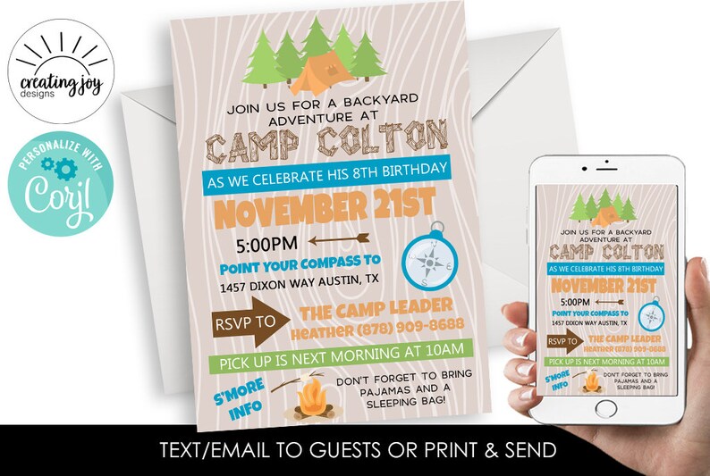 Pode incluir: Um convite imprim&iacute;vel para uma festa de anivers&aacute;rio com tema de acampamento. O convite apresenta uma b&uacute;ssola azul e marrom, uma fogueira e o texto "Camp Colton" em letras marrons com textura de madeira. O convite &eacute; para uma festa de anivers&aacute;rio de 8 anos em 21 de novembro &agrave;s 17h00. O endere&ccedil;o &eacute; 1457 Dixon Way Austin, TX. As informa&ccedil;&otilde;es de RSVP s&atilde;o "The Camp Leader Heather (878) 909-8688". O convite tamb&eacute;m inclui o texto "Pick up is next morning at 10 AM" e "N&atilde;o se esque&ccedil;a de trazer pijama e saco de dormir!"
