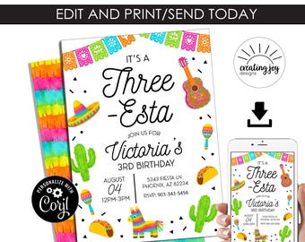 Three-Esta Birthday Invitation Girls Invite Digital EDITABLE Template Fiesta 5x7 Instant Download
