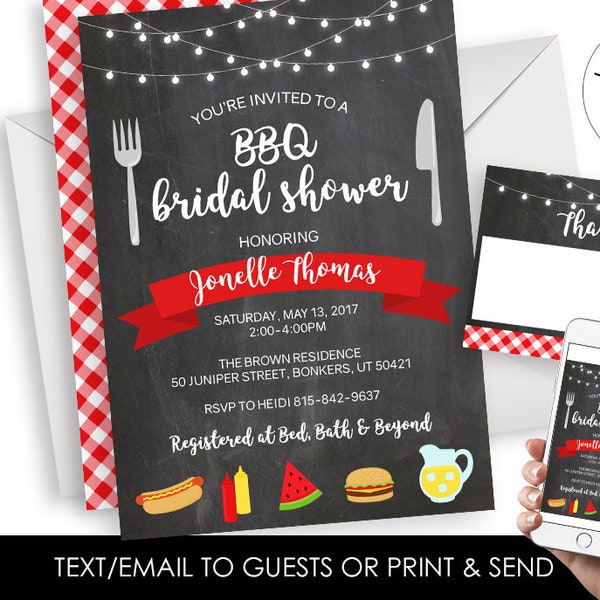 BBQ Bridal Shower Invitation Invite 5x7 Digital Summertime Cookout Backyard Picnic Chalkboard Barbecue