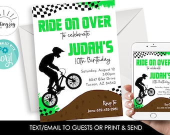 May include: Green and black birthday invitation with a silhouette of a person riding a bicycle. The invitation says "Ride on Over to celebrate Judah's 10th Birthday".